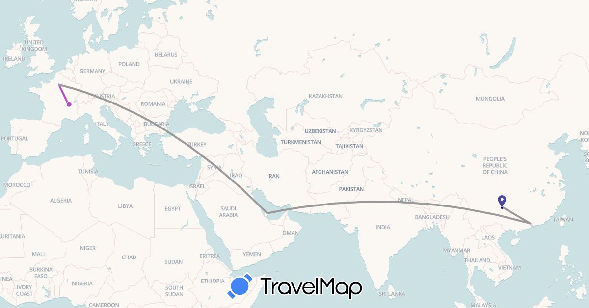 TravelMap itinerary: driving, plane, train in China, France, Qatar (Asia, Europe)